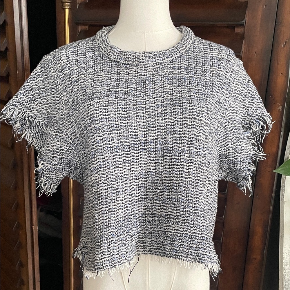 IRO Cropped Tweed Blue Black Raw Hem Top 38 Small Medium - Picture 1 of 9